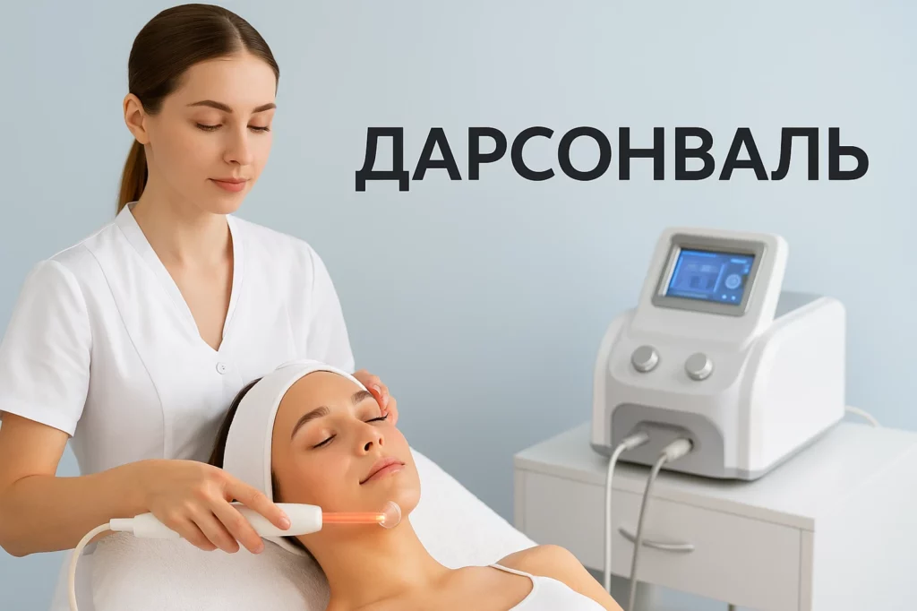 Косметолог проводить процедуру дарсонвалізації обличчя пацієнтці у клініці апаратної косметології