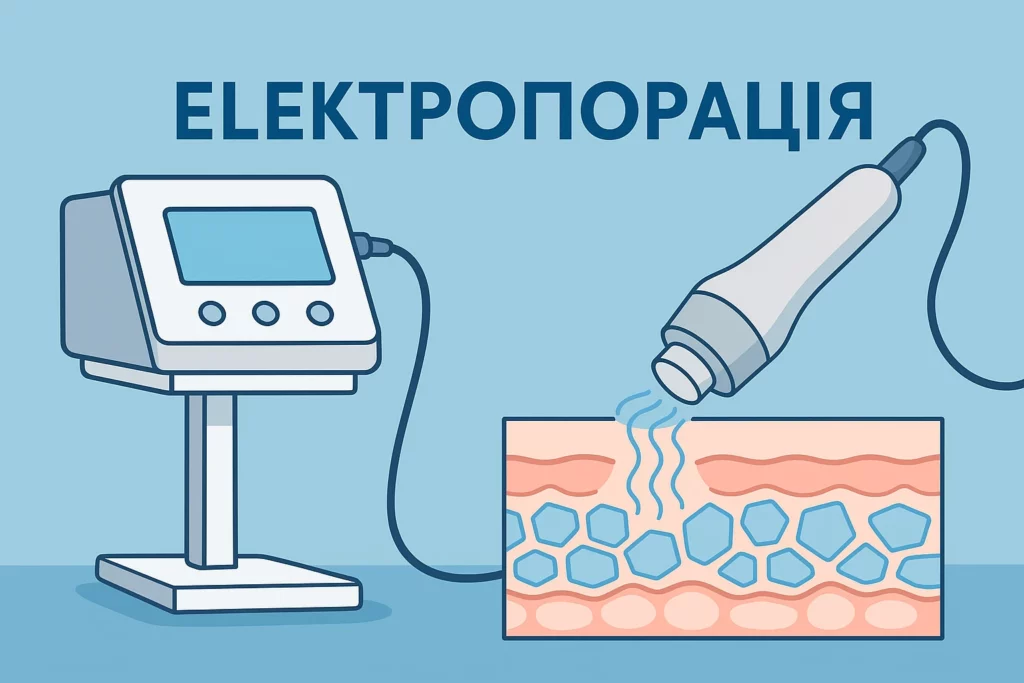 Ілюстрація процедури електропорації шкіри — апаратна методика для покращення проникнення активних речовин у клітини.