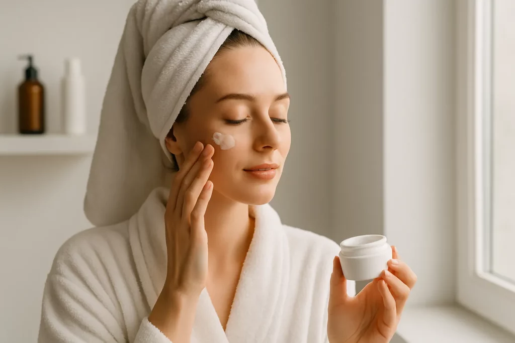 Жінка наносить крем на обличчя під час ранкового догляду за шкірою