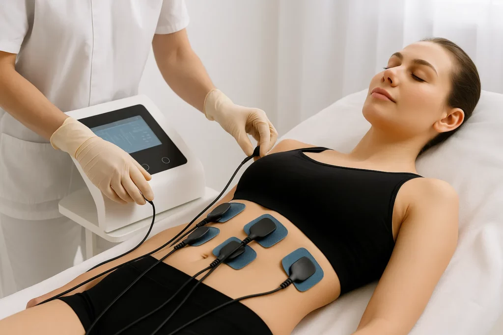 Процедура електроміостимуляції з використанням професійного апарата на зоні живота