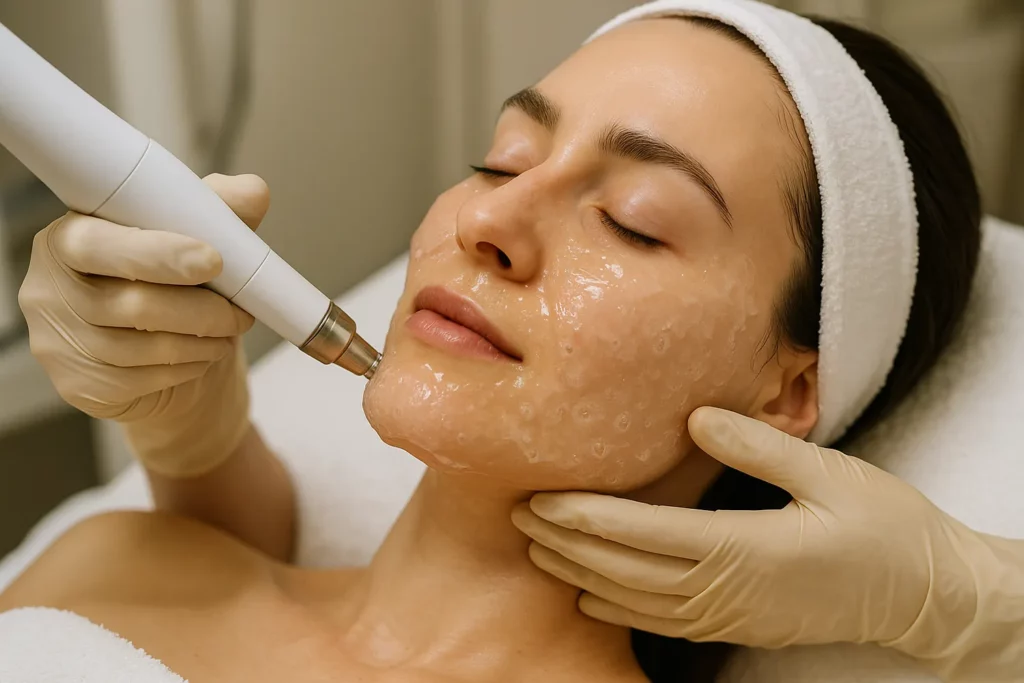 Процедура карбоксітерапії в косметологічному кабінеті, нанесення гелю та апаратна обробка шкіри