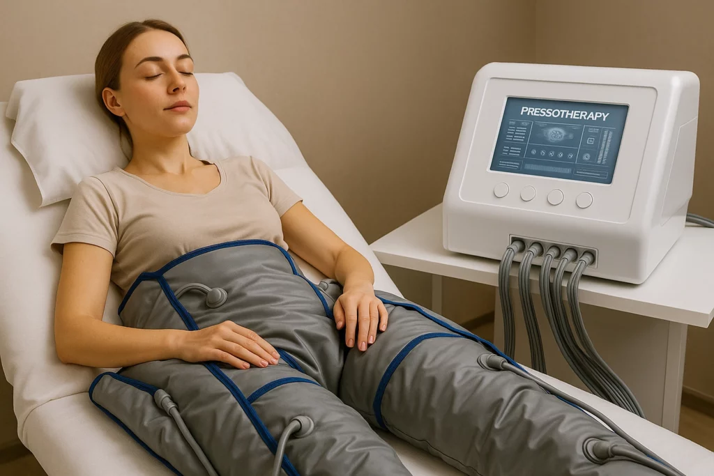 Пацієнт проходить процедуру пресотерапії із використанням професійного апарата