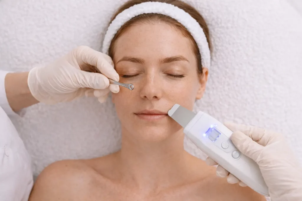 Професійна чистка обличчя — косметолог проводить процедуру очищення шкіри апаратом