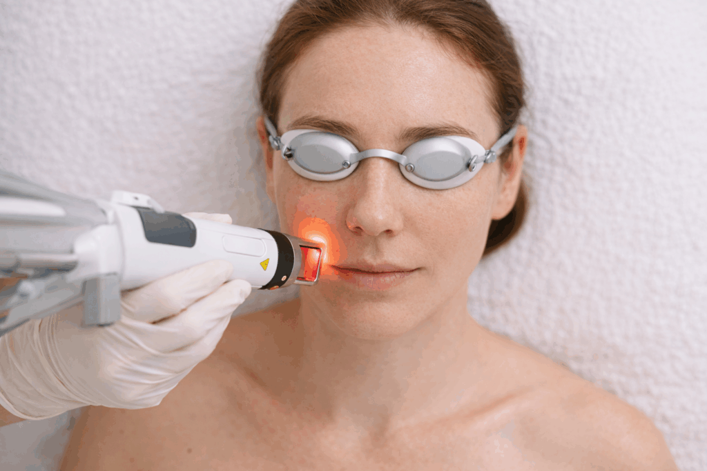Лазерна шліфовка обличчя — косметолог проводить процедуру лазером по шкірі клієнтки